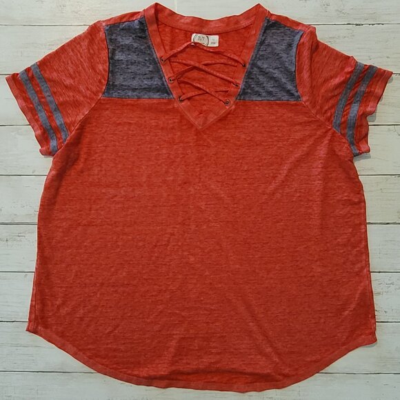 Maurices Tops - NWOT Maurices 24/7 Baseball T Shirt Red Grey Striped Short Sleeve Womens Size XL